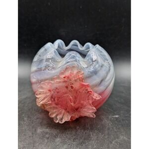 Uranium Glass Applied Flower Rose Bowl Opalescent Cranberry Swirl UV Glow 4.5"